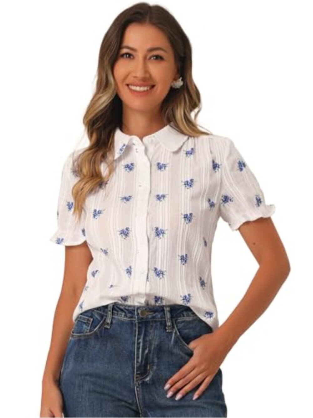 Vintage Peter Pan Collar Cotton Blouse Floral Button Down Short Sleeve
